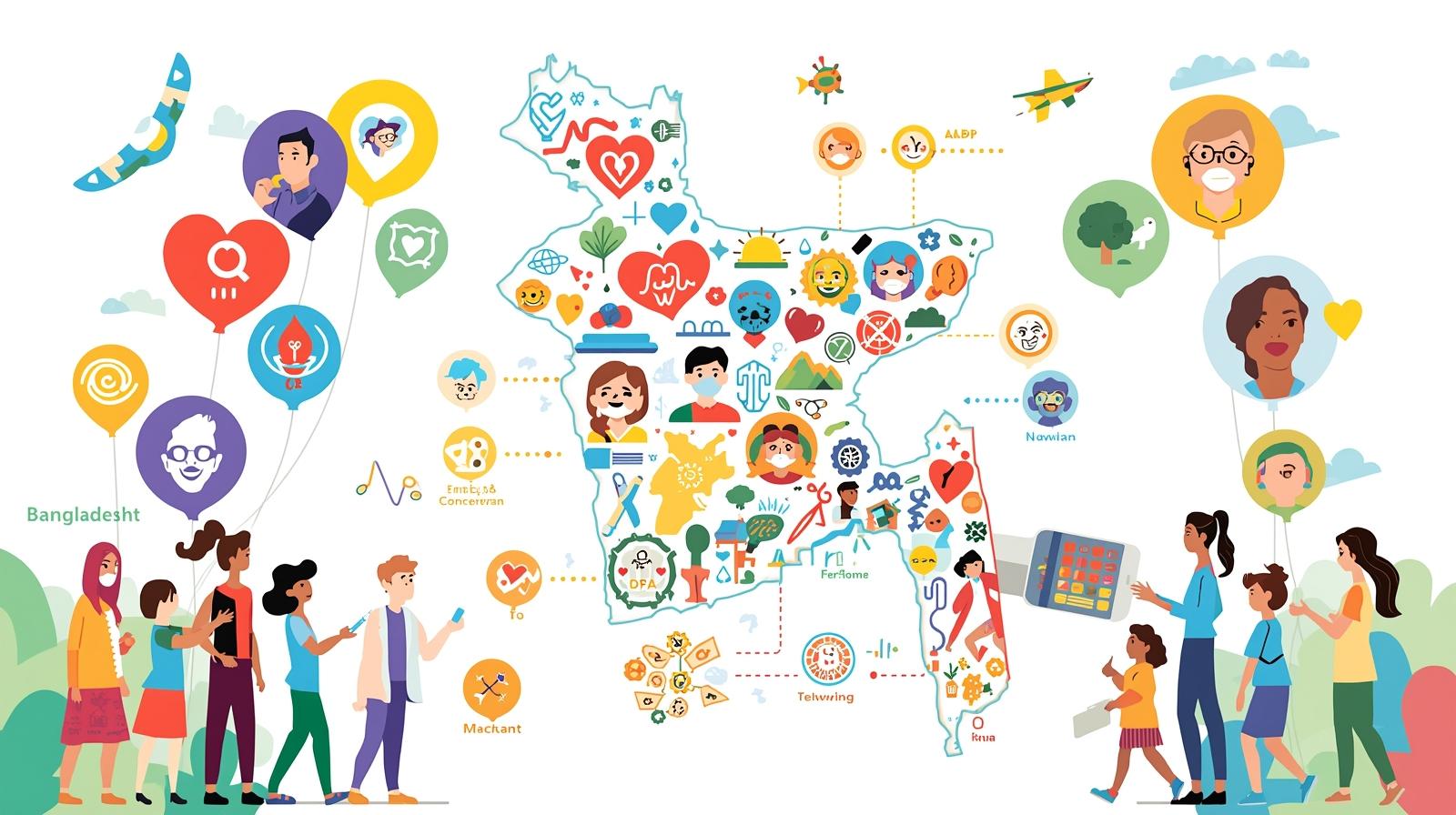 Representing common health concerns, surrounded by friends offering support and information.